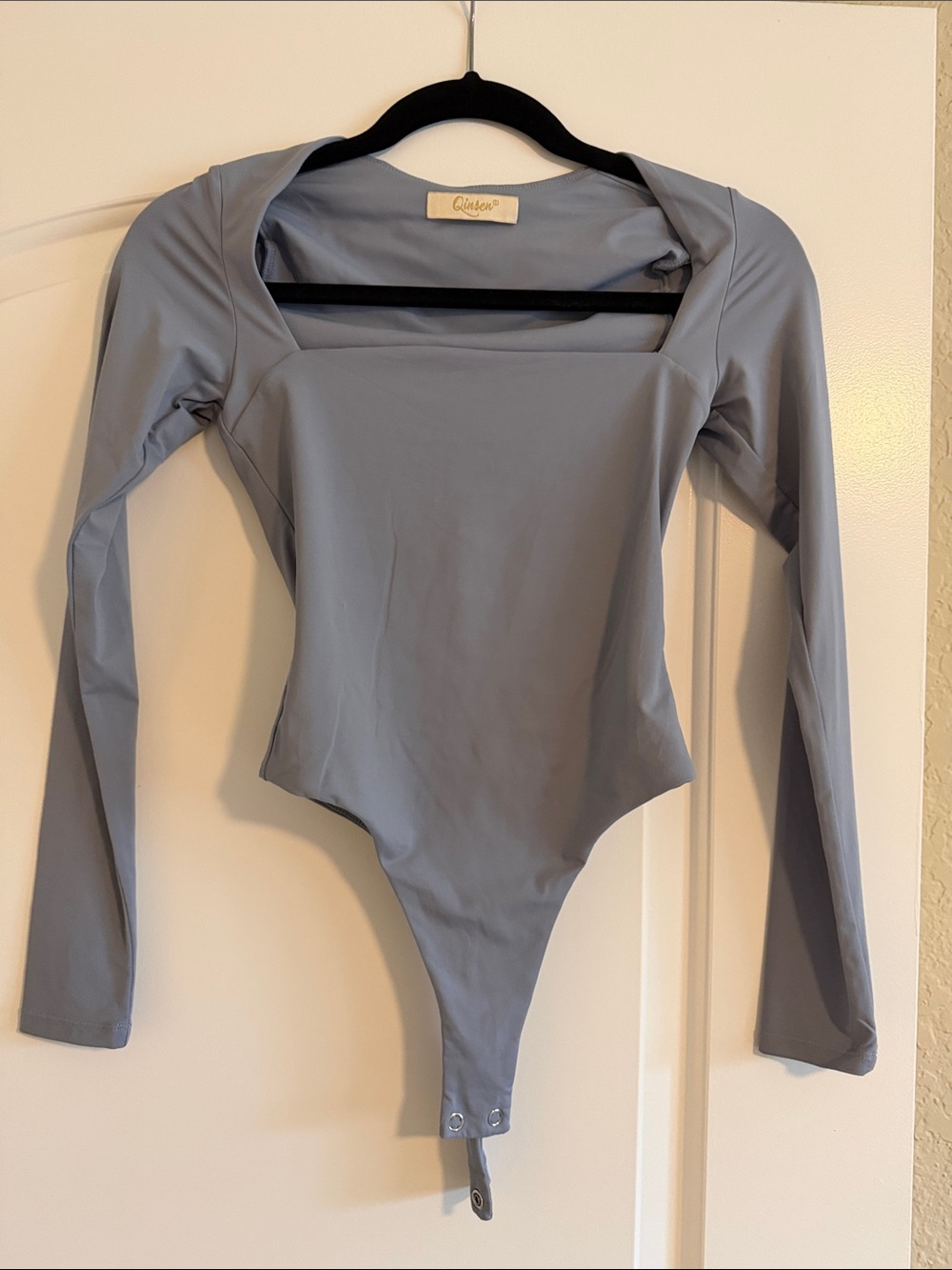 Qinsen Light Blue Square Neck Long Sleeve Bodysuit